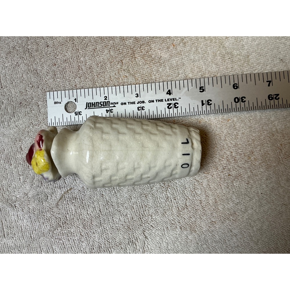 Vintage Japan Ceramic Basketweave Oil Cruet Miniature Fruit Stopper Cream 4.25"